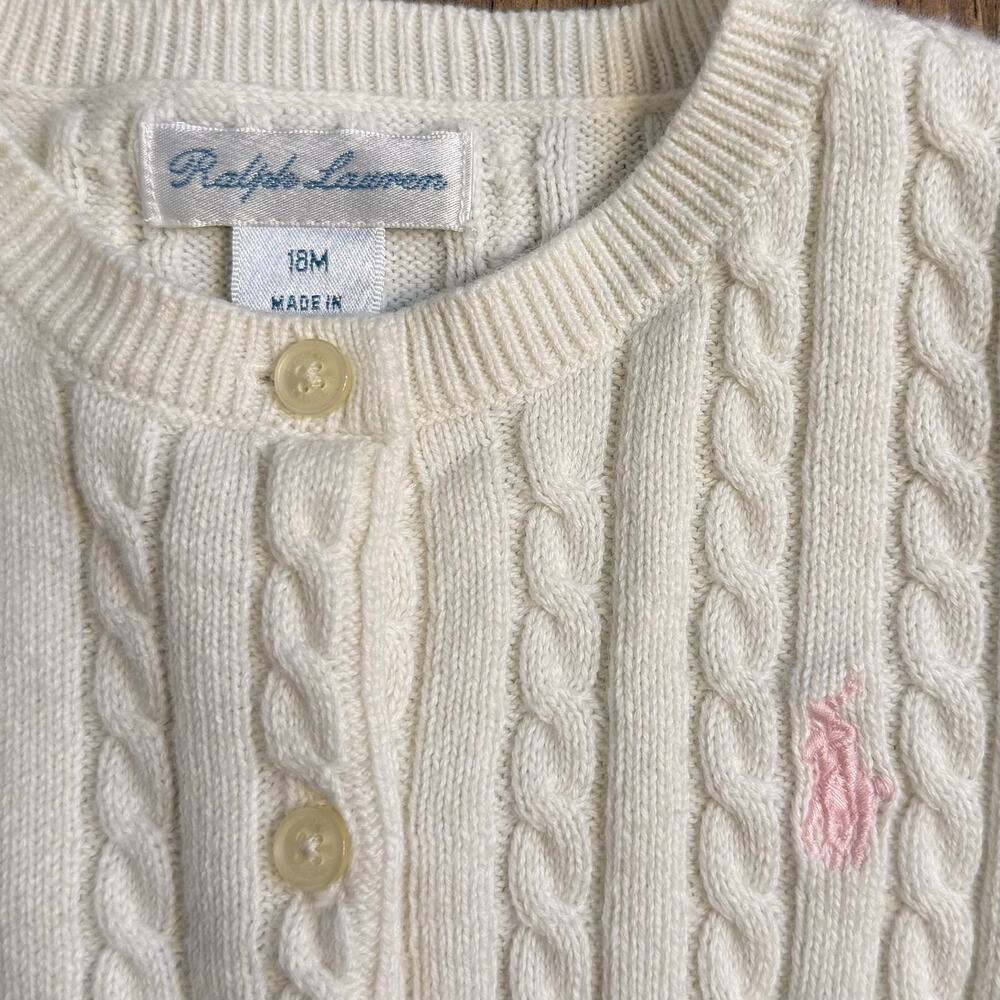 Ralph Lauren Mini-Cable 100% Cotton Cardigan Sweater Logo White Baby 18 Months - Picture 4 of 11